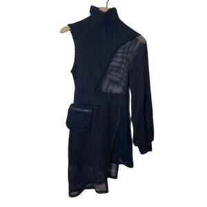 Ricki Brazil One Sleeve Mini Mesh Black Dress Turtleneck SMALL